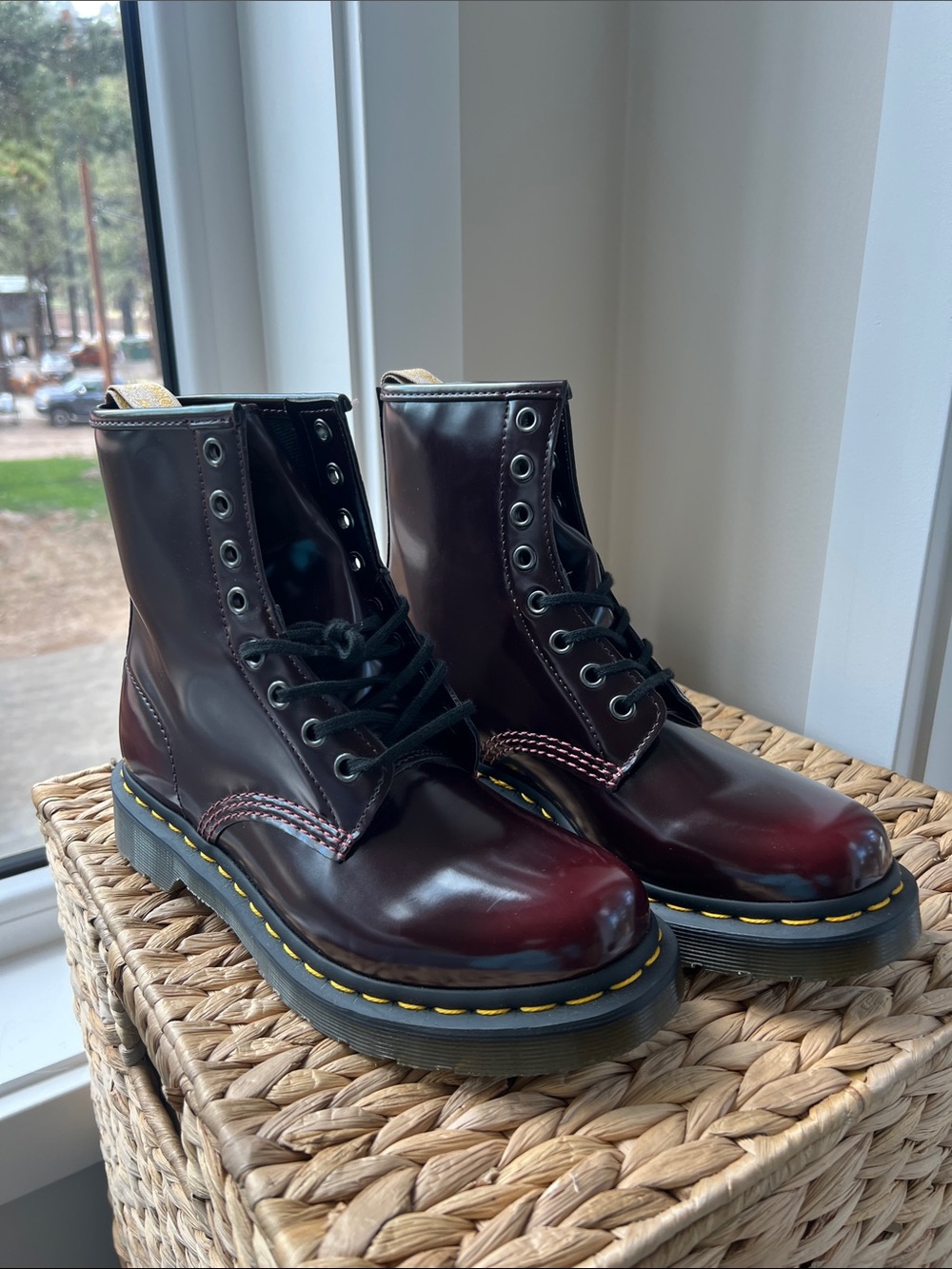 NEVER WORN Dr. Martens Cherry Red Patent Leather 8-Eye Combat Boots